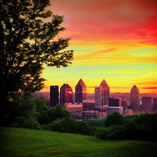 Prompt: pittsburgh, distant, sunset, trees, looking down, art by drew tucker