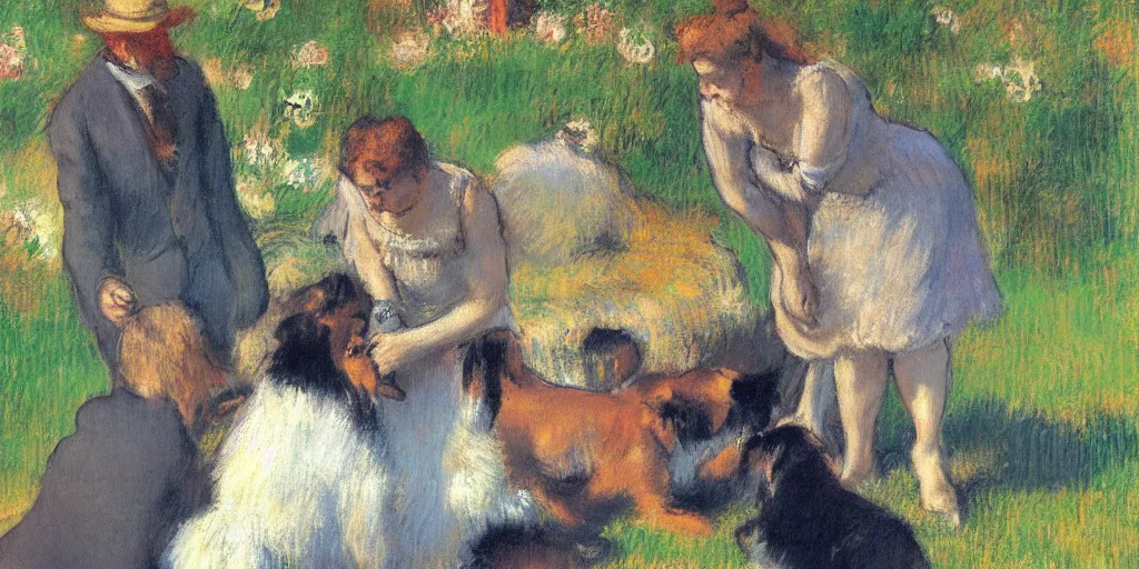 Prompt: impressionist painting of george the dog biting mad in an argument with evil olivia, monet, degas, cassatt, blue, sad, top quality