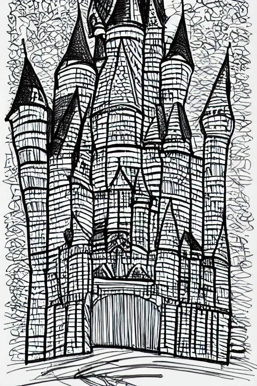 Image similar to single line sketch of elaborate intricate castle, scribble sketch, small details,