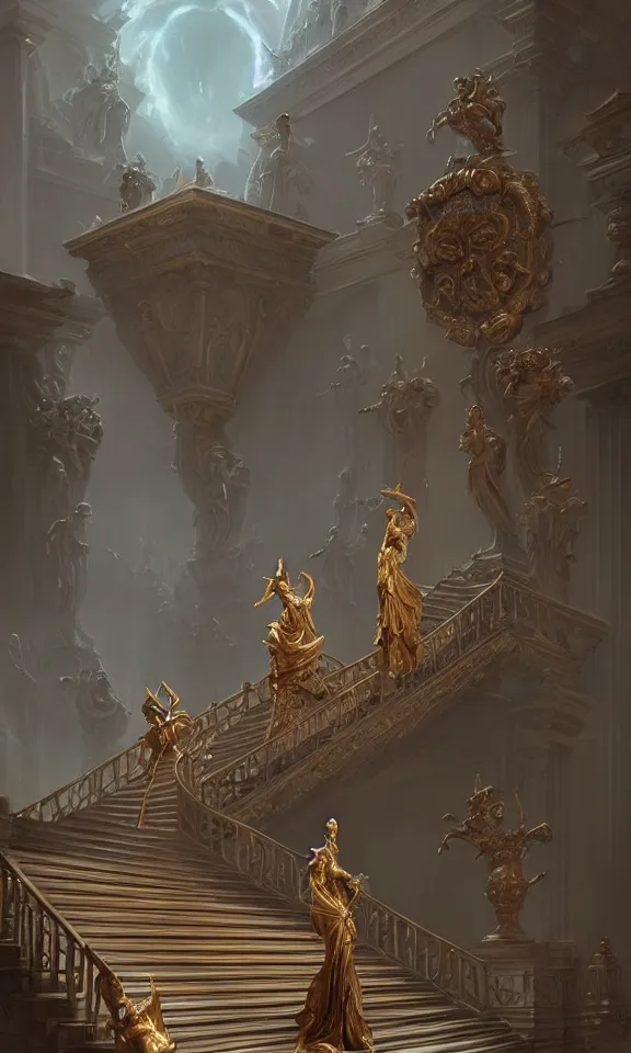 Image similar to straight staircase with ornate statues to heaven, art by greg rutkowski and peter mohrbacher, featured in artstation, octane render, cinematic, elegant, intricate, ultra detailed, rule of thirds, professional lighting, unreal engine, fantasy, concept art, sharp focus, illustration, 8 k