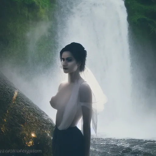 Image similar to beautiful Arab woman, white transparent veil black hair, bathing in a waterfall, ethereal, emotive, fine art, water mist, mystical, Romanticism, golden light