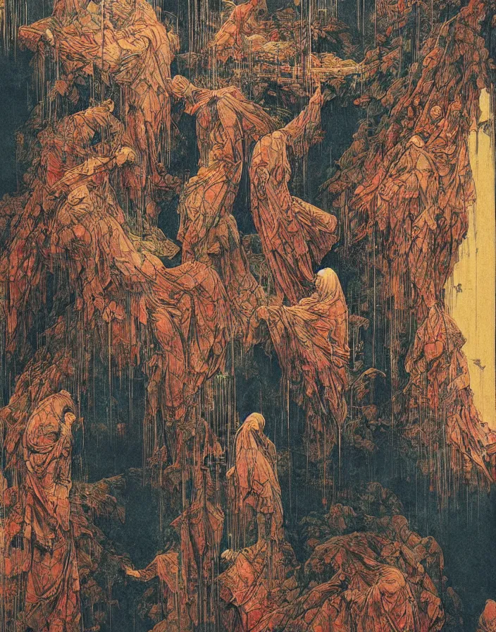 Image similar to worshippers in robes ascending a spiral staircase, high detailed beksinski painting, part by adrian ghenie and gerhard richter. art by takato yamamoto. masterpiece, deep colours, blue