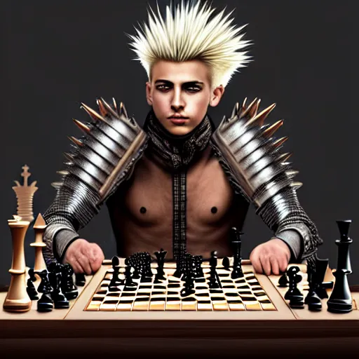 Image similar to man with spiky hair, wearing very complex steampunk armor, playing chess, oil painting, soft style, hyperrealism, beautiful, high resolution, trending on artstation