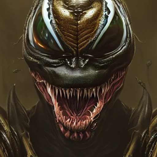 Image similar to portrait of venom, intricate artwork, concept art, octane render, deviantart, cinematic, key art, hyperrealism, iridescent accents, portrait photograph, nikon 3 5 mm, photograph by greg rutkowski