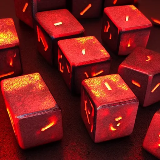 Image similar to a pile of dnd dice made out of glowing lava, red hot, unreal engine, volumetric lighting, artstation
