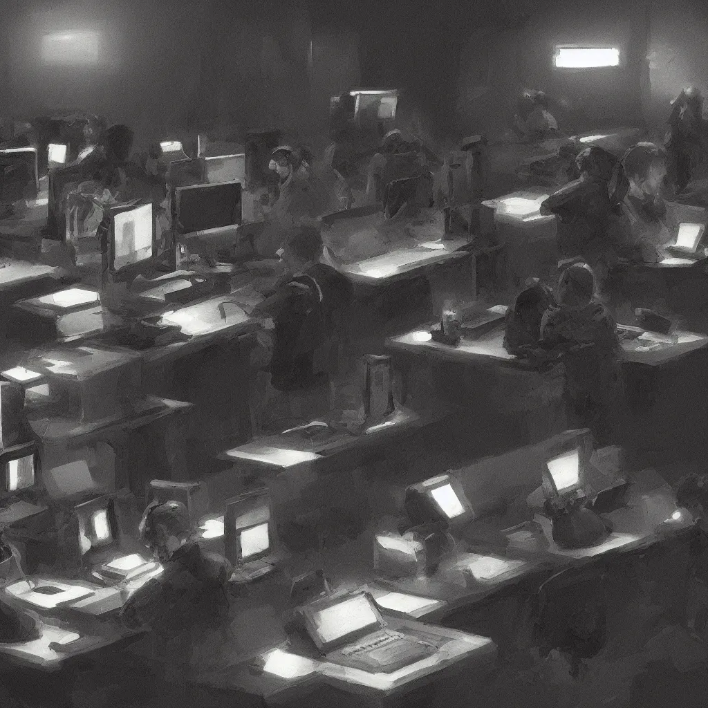 Image similar to computer club, dark image, highly detailed, digital painting, trending in artstation, concept art, smooth, sharp focus, art by max liebermann