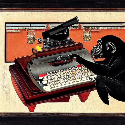 Image similar to a finely detailed painting of chimpanzee typing at a typewriter - there is a bottle of bourbon on the desk and a smouldering cigarette in the ashtray. In the style of norman rockwell