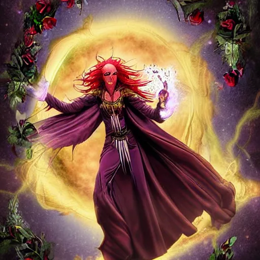 Image similar to The celestial warlock (a beautiful half elf with long red hair) clumsily knocks a single red rose from the top of a funerary urn, releasing an angry wraith from inside. The urn is on the floor, the rose is falling. Dramatic digital art illustration in comic book style by Simon Bisley