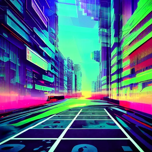 Image similar to a city street in the style of aertime, glitchart, glitch art, # glitchart, pixelsort, # pixelsort, synthwave, cyberpunk, vaporwave, deviantart