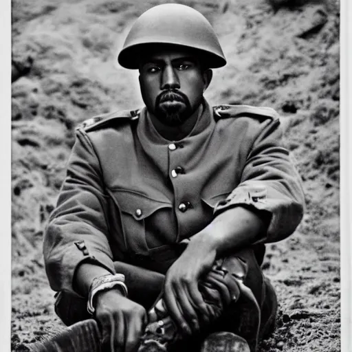 Prompt: vintage monochrome photograph of Kanye West sitting in a trench in world war one, 8k, highly intricate, highly detailed, cinematic,