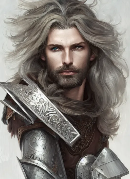 Image similar to Male Aasimar Paladin with shaggy silver hair, brown scruffy beard, energy wings, epic, striking, fantasy, intricate, elegant, highly detailed, digital painting, artstation, concept art, smooth, sharp focus, illustration, art by Krenz Cushart and Artem Demura and alphonse mucha