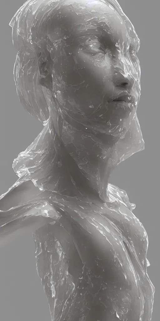 Image similar to a delicate renaissance marble sculpture covered with water veil, highly detailed transparent marble cloth, gi, global illumination, physically based rendering, photorealistic, top light, dark background by Edgar Maxence and Ross Tran