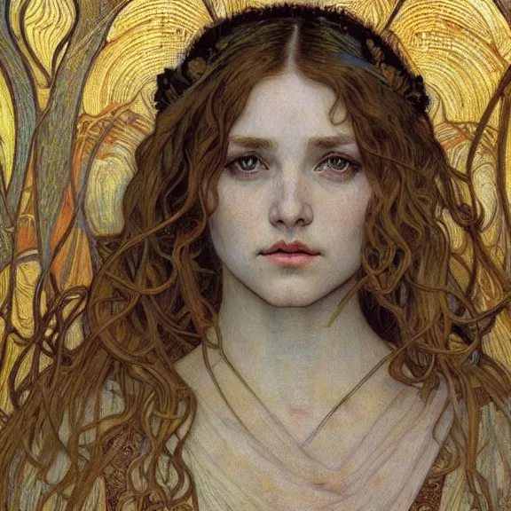 Image similar to detailed realistic beautiful young medieval queen face portrait by jean delville, alphonse mucha, vincent van gogh, and marco mazzoni, art nouveau, symbolist, visionary, gothic, pre - raphaelite