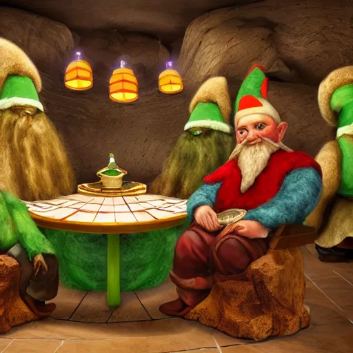 Image similar to You stand inside a bustling gnomish casino. Around the large cave, lit by suspended petchum lanterns, you see various large tables with green felted tops. Each table hosts games of both chance and strategy that the gnomes love. From a counter in the far left corner, Felcher presides over his establishment with pride.
