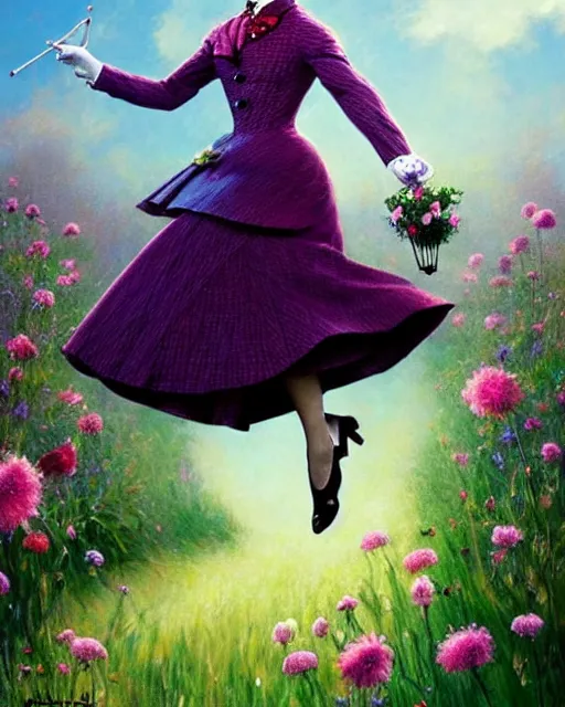 Image similar to Julie Andrews Mary Poppins from Disney 1964 dancing in a field full of flowers, D&D, fantasy, intricate, elegant, highly detailed, digital painting, artstation, concept art, matte, sharp focus, illustration, hearthstone, art by Artgerm and Greg Rutkowski and Alphonse Mucha