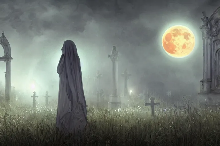 Image similar to an ultra detailed animation of a transparent ghost in a graveyard at midnight on halloween, digital art, dark fantasy, concept art, soulslike, by alphonse mucha, blood moon eclipse, ruined building in the background, artstation, 8 k, unreal engine render