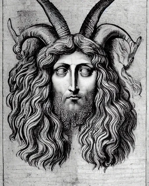 Prompt: four faces in one creature, eagle beak, lion mane, two large horns on the head, jesus face, drawn by da vinci. symmetrical