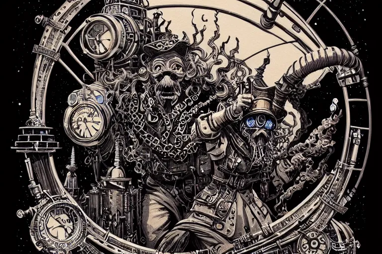 Prompt: a majestic steampunk alchemist wizard table, high details, bold line art, by vincent di fate and joe fenton, inking, etching, screen print, masterpiece, trending on artstation, sharp, high contrast, hyper - detailed, clean strokes, hd, 4 k, 8 k