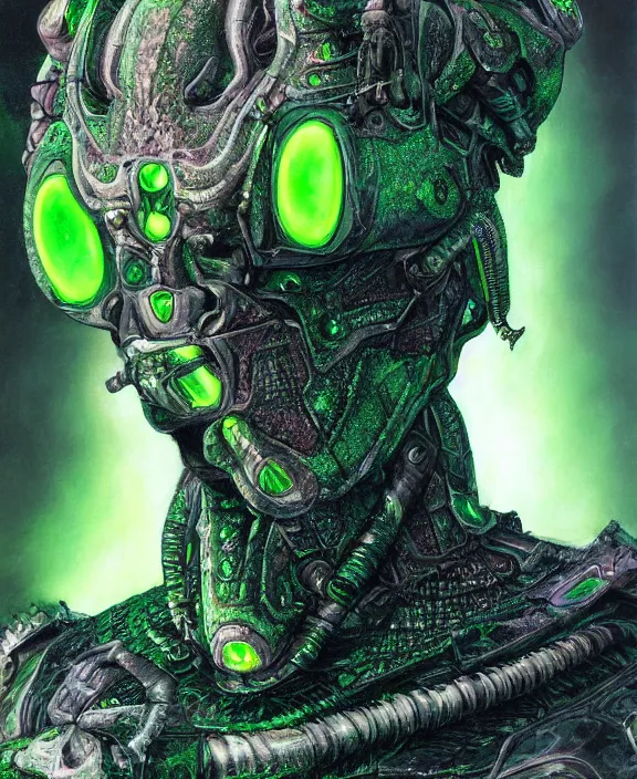 Prompt: a detailed portrait of an evil armoured cyborg alien with glowing green eyes and a crown of jade and topaz crystals by Wayne Barlowe, 4k resolution, photorealistic
