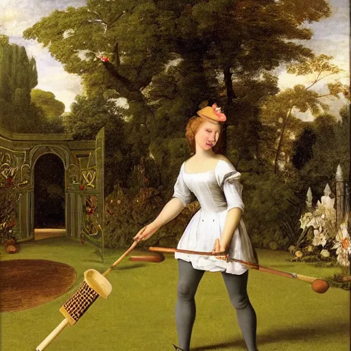 Prompt: doja cat playing croquet in the garden, happy expression, smiling, beautiful symmetrical face, holding a croquet mallet, rule of thirds, golden ratio, oil on canvas, highly detailed, warm color scheme, soft lighting, sharp focus, adelaide labille - guiard, artemisia gentileschi