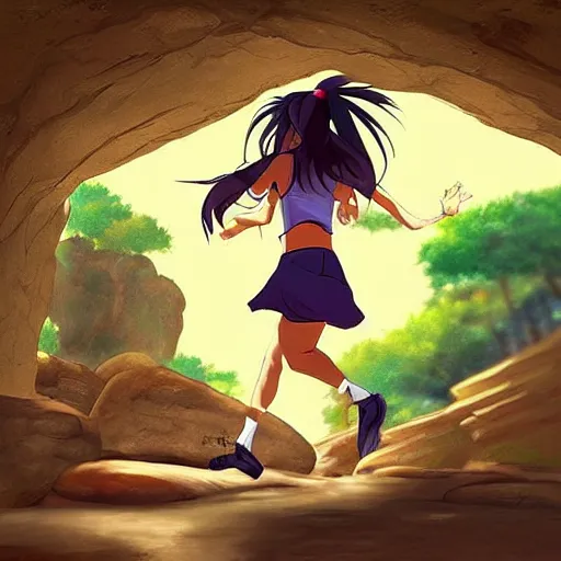 Image similar to “Indians jones as an anime girl running away from a rolling giant stone boulder trap inside an ancient stone temple, stunning digital art”