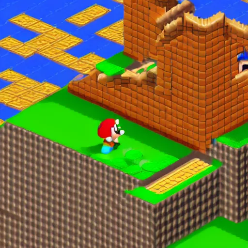 Image similar to an isometric view of the first level in super mario brothers