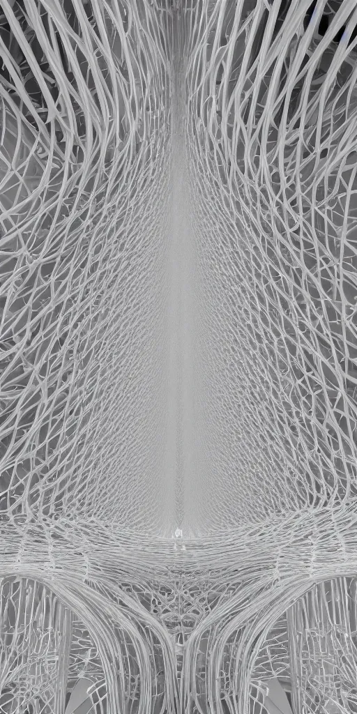 Image similar to awe symmetrical highly sophisticated highly intricated generative flow fields curve ornate network wood Sagrada Familia ceiling continuous landscape flow, dezeen, Zaha Hadid, hyper realistic pastel light gray dark gray and white, ultra detailed, parametric architecture, 8k, epic cinematic detailed, 3D