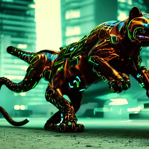 Image similar to a neon cyberpunk cyborg jaguar animal pouncing, octane render