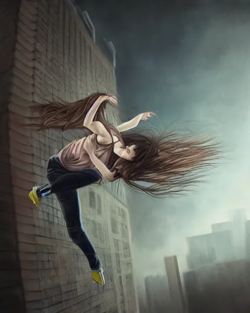 Prompt: a radically realistic fine art painting of a early twenties female parkouring between buildings with flowing hair, inspired by David Stoupakis, studio portrait, muted colors, detailed hair, cinematic lighting, trending on artstation, 4K