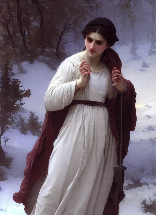 Prompt: a mage casting a frost spell by william - adolphe bouguereau