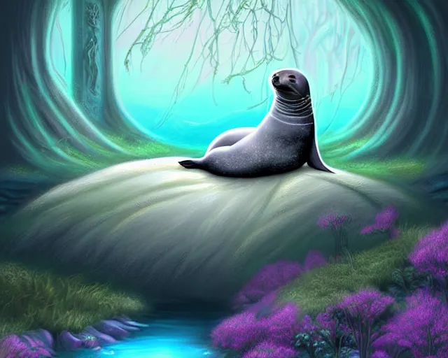 Image similar to beautiful digital fantasy illustration of a Prince in pastel!!!, whimsical acrylic modern pop surrealism, Even Giger-y dark overlords living in the ruins of an ancient system of tunnels and caves like to be comfy every once in a while!, A seal sleeping peacefully in a kelp forest, magic the gathering lands art!!, highly detailed, soft lighting, rendered in octane, masterpiece, very very very aesthetic