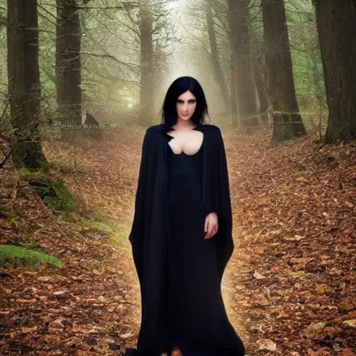 Image similar to raven haired seductive supermodel maiden with stunning light eyes with a beautiful face, fair soft skin, wearing a cloak, in a creepy forest