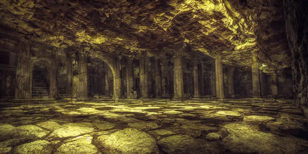 Image similar to a fantasy elven hall interior in the style of a waterfall cave, huge Greek columns, wet floors, high ceiling, dark moody lighting, foggy atmosphere, bright colors, photo by Denis Villeneuve, low angle view