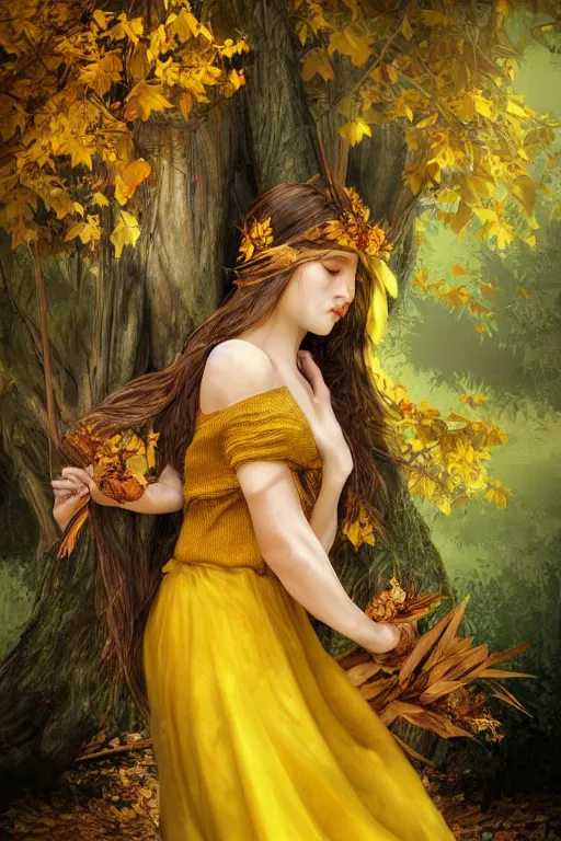 Image similar to The goddess of autumn harvest, tranquility, beautiful face, long hair, wearing wheat yellow gauze skirt, by wlop