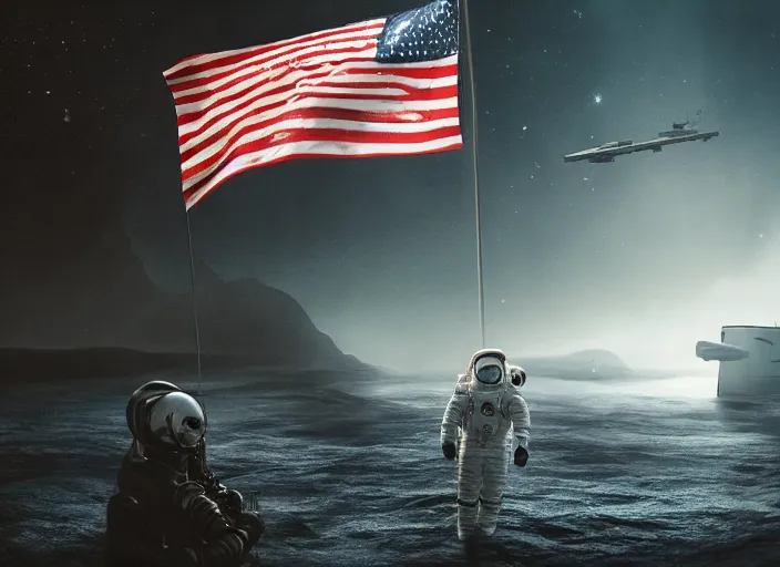 Image similar to astronaut holding a flag in an underwater desert. a submarine is visible in the distance. dark, concept art, cinematic, dramatic, atmospheric, 8 k, trending on artstation, blue, fish, low visibility, fog, ocean floor, christopher nolan, interstellar