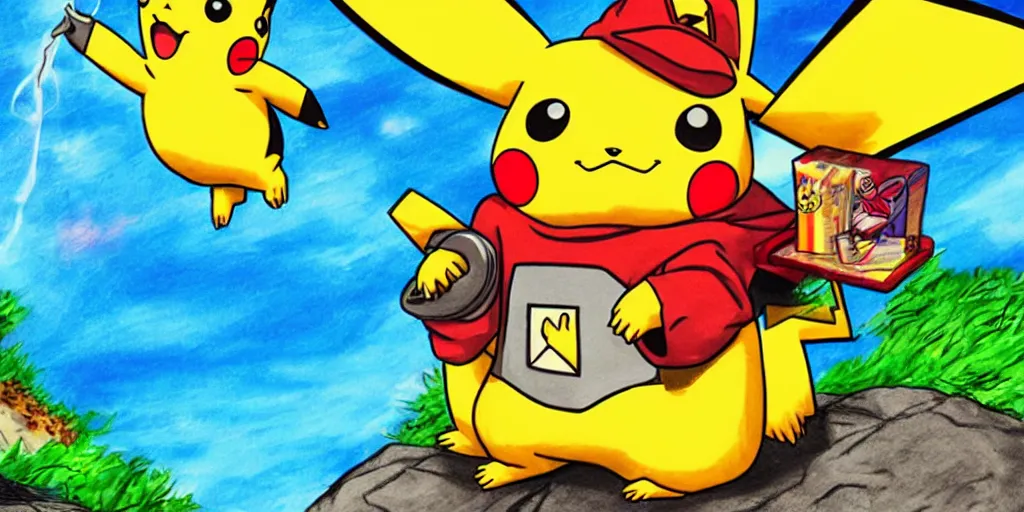 Prompt: ! dream pikachu smoking a fat blunt with ash sitting on a rock next to a river, bright blue sky colorful detailed drawing