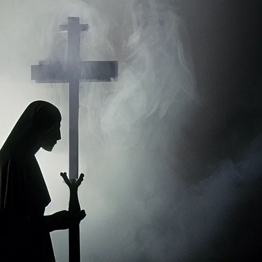 Image similar to a nun exhaling a huge smoke cloud from a cross shaped bong, film still, cinematic lighting