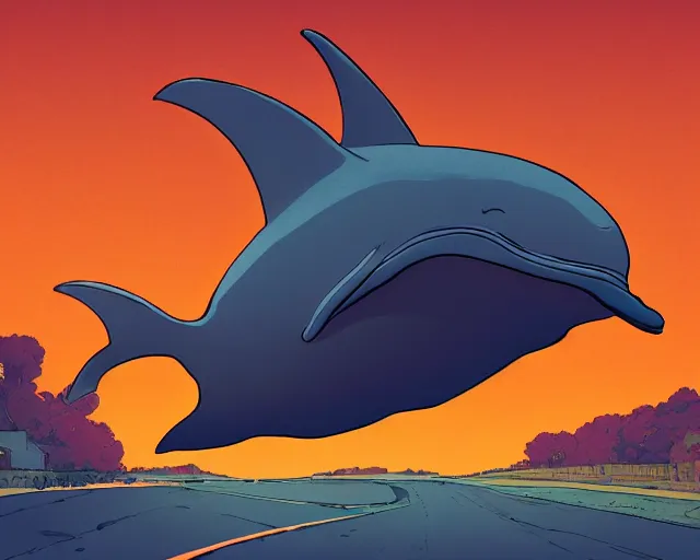 Image similar to a study of cell shaded cartoon of a flying dolphin on a country road, street lamps, road, illustration, wide shot, subtle colors, post grunge, concept art by josan gonzales and wlop, by james jean, Victo ngai, David Rubín, Mike Mignola, Laurie Greasley, highly detailed, sharp focus, alien, Trending on Artstation, HQ, deviantart, art by artgem