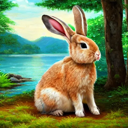 Prompt: bunny rabbit with ears perked up in the middle of a lake sitting on a rock surrounded by a lush green forest, oil painting, award winning, 4k, high quality, detailed