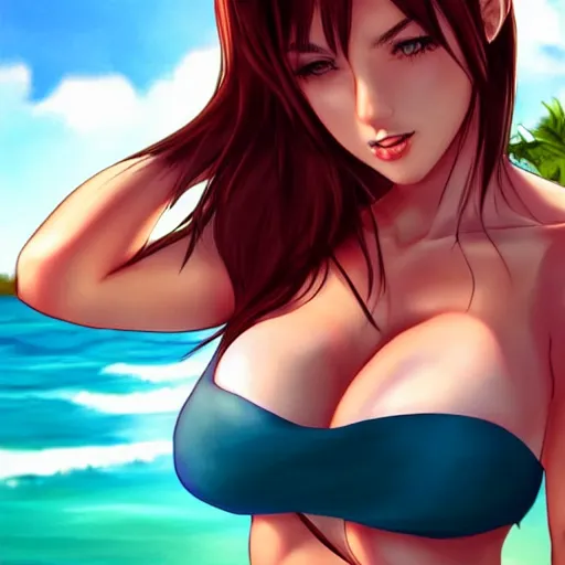 Image similar to beautiful tifa catgirl in a bikini on the beach making eye contact drawn by artgerm