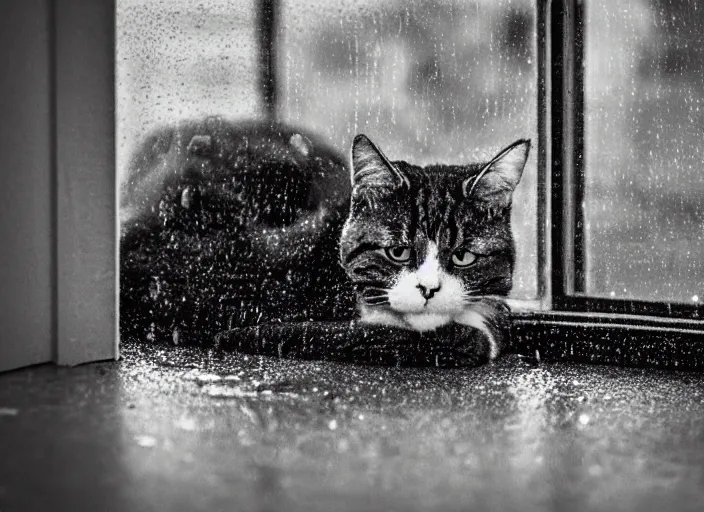 Prompt: photography of a Cat . watching outside the window while it rains. on a bed. in a room full of vinyls and posters, photorealistic, raining award winning photo, 100mm, sharp, high res