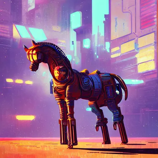 Image similar to a graph style gauche impasto, steampunk horse, cyberpunk art by james gilleard, city depth of field, cgsociety, retrofuturism, synthwave, retrowave, outrun, paint, high quality.