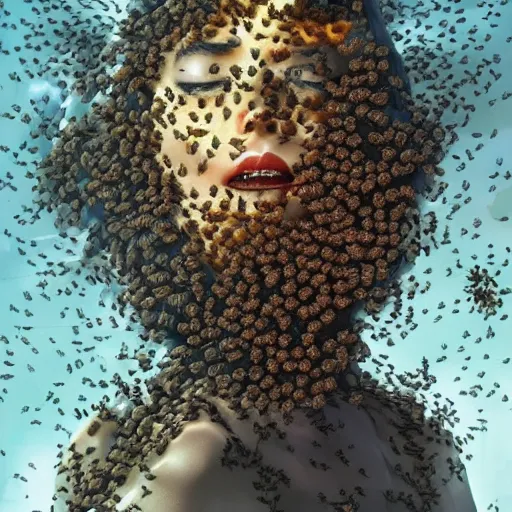 Prompt: The angry, agonizing face of a woman who is a swarm of bees made of bees surrounded by bees🐝🐝🐝 fantasy artwork, very very beautiful, trending on artstation