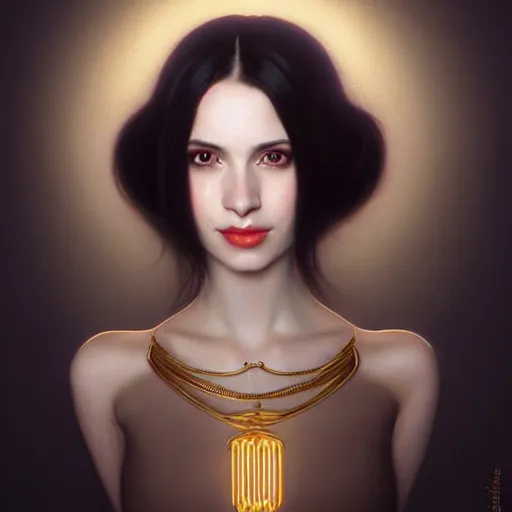 Image similar to portrait of a smiling, beautiful, pale skin eastern european female with long black hair, dark brown eyes, elegant clothing, photorealistic, highly detailed, artstation, smooth, sharp focus, gold ornaments, neon lighting, sci - fi, art by gustav klimt, artgerm, greg rutkowski and alphonse mucha