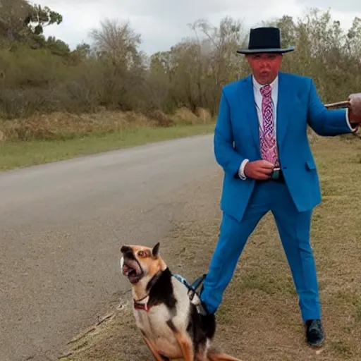 Prompt: Blue Heeler dog wearing a suit and smoking a cigar, holding a shotgun and pointing it at somebody mob-style.