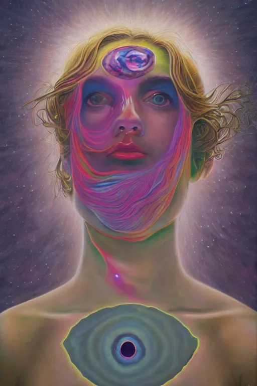 Prompt: acid tripping midsommer girl third eye open, chakra energy waves resonating from her body, ethereal aura, epic surrealism 8k oil painting, portrait, perspective, high definition, post modernist layering, by Sean Yoro, Gerald Brom