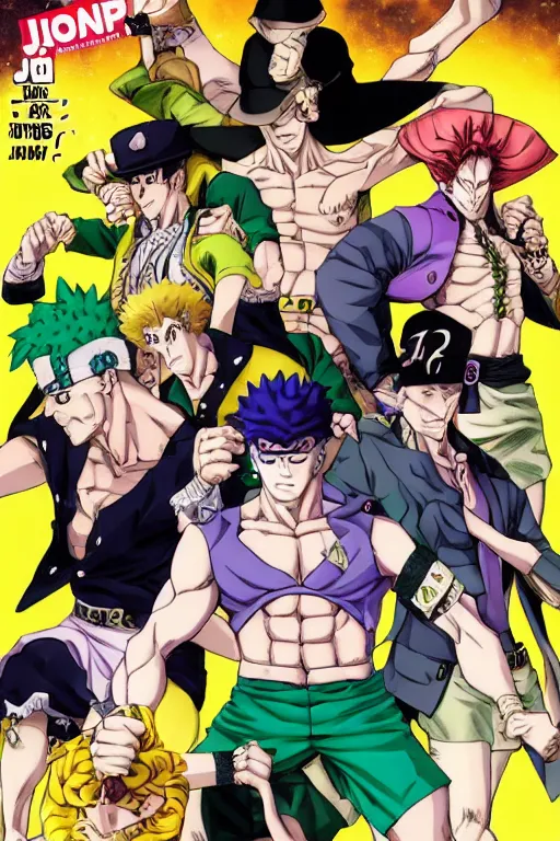 Image similar to jojo's bizarre adventure, jotaro kujo, kakyoin noriyaki, muhammad avdol, jean pierre polnareff, joseph joestar, manga, shounen jump, hirohiko araki art, manga cover, comic book, anime, giorno giovanna, star platinum