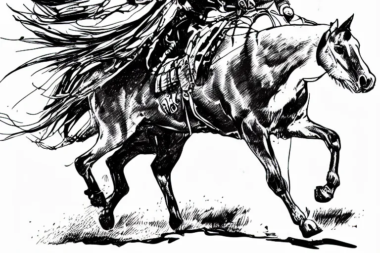 Prompt: Cowboy on a horse at a full gallop in the SW desert, beautiful line art, ink illustration, sketch, pure b&w