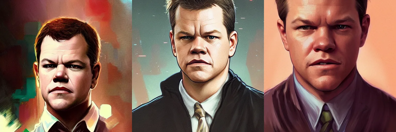 Prompt: portrait of Matt Damon as a detective, highly detailed, digital painting, artstation, concept art, sharp focus, illustration, art by artgerm and greg rutkowski and alphonse mucha
