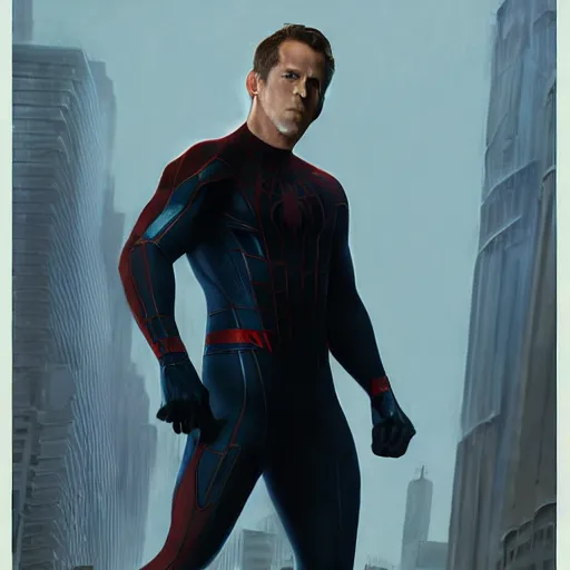 Image similar to ryan reynolds as spider - man, wearing a black and blue suit, cinematic, volumetric lighting, f 8 aperture, cinematic eastman 5 3 8 4 film, photorealistic by greg rutkowski, by stanley artgerm, by alphonse mucha